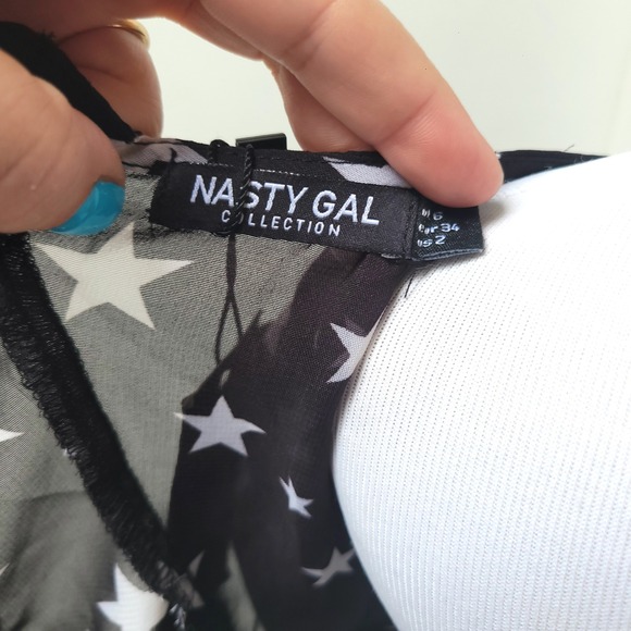 NWT Nasty Gal Walk of Fame Star Print Mini Dress Open‎ Back Ruffle Sheer Black 2 - Picture 6 of 9
